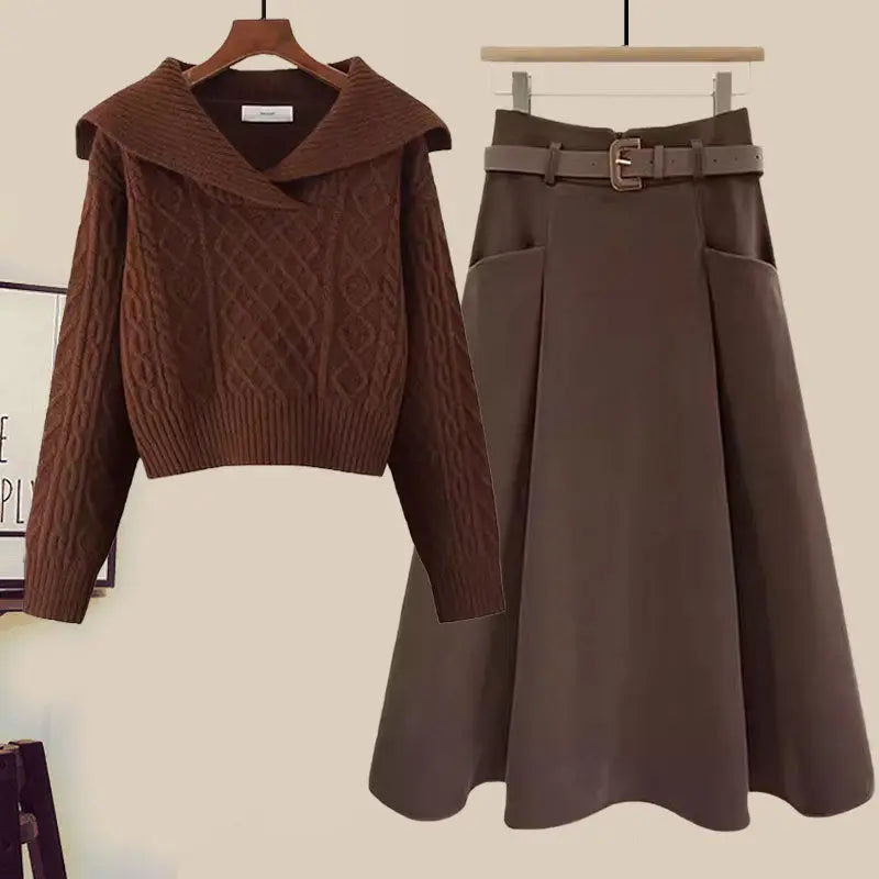 Big Size Women's Autumn Suit New Style Sweater Skirt Two-piece Set Regular Fit Vestidos De Dos Piezas Mujer Elegantes