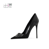 Emerging black high-heeled women's shoes versatile matte leather camellia elegant suede pointed head shallow mouth