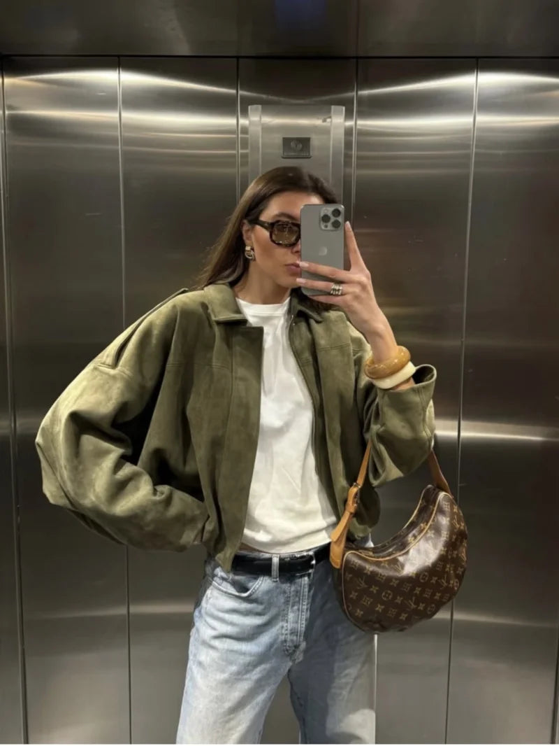 ETJ 2025   new women's suede texture effect Loose version of fashion lapel shoulder bomber jacket