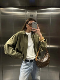 ETJ 2025   new women's suede texture effect Loose version of fashion lapel shoulder bomber jacket