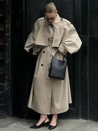 Elegant Lapel Long Windbreakers Women Patchwork Double Breasted Lace Up Oversize Trench Coat 2025 Autumn Street Lady Outerwears