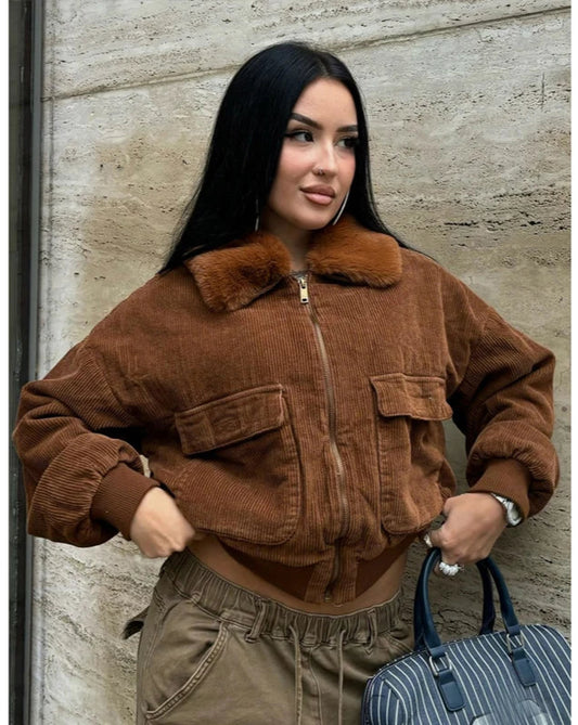 Women Fur Lapel Collar Warm Casual Jackets Vintage Long Sleeve Zipper Pockets Crop Coat 2025 Fall Winter Y2K Clothes