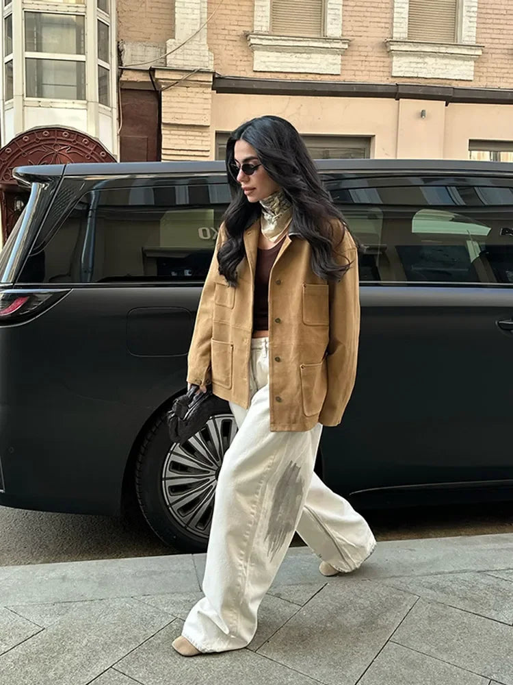 Single Breasted Pocket Khaki Suede Coats Women Fashion Full Sleeve Lapel Loose Jacket 2025 Lady New Daily Commuting Outerwears