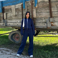 Tracksuit Suits Women's Sportswear 2-piece Retro Zipper Bomber Jacket Sweatshirt High-waisted Women's Loose Velvet Pants Suit