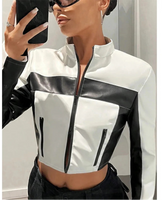 Women's Black White PU Paneled Cropped Jackets Punk Grunge Zipper Slim Y2K Clothes 2025 Fall Moto Biker Casual Y2K Coat