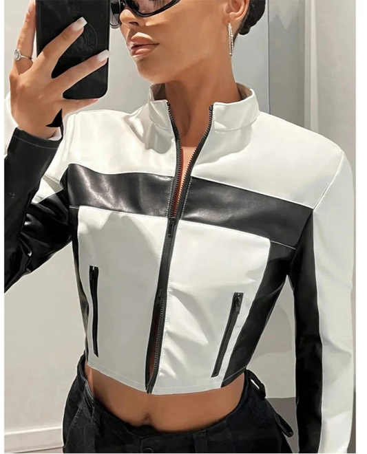 Women's Black White PU Paneled Cropped Jackets Punk Grunge Zipper Slim Y2K Clothes 2025 Fall Moto Biker Casual Y2K Coat