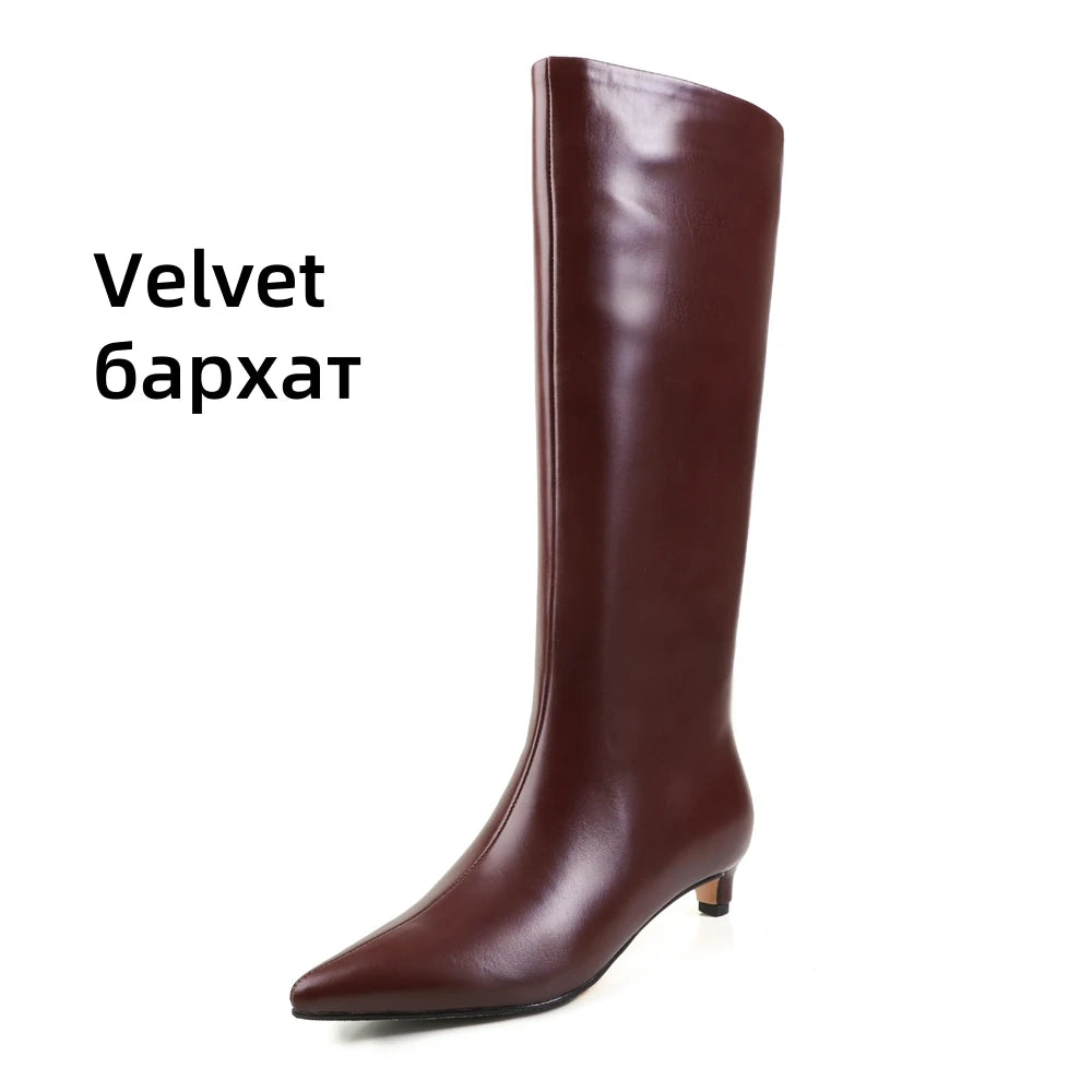 FEDONA Women Knee High Boots Cow Leather Kitten High Heels Long Warm Autumn Winter Knight Boots Female High Pointed Toe Boots