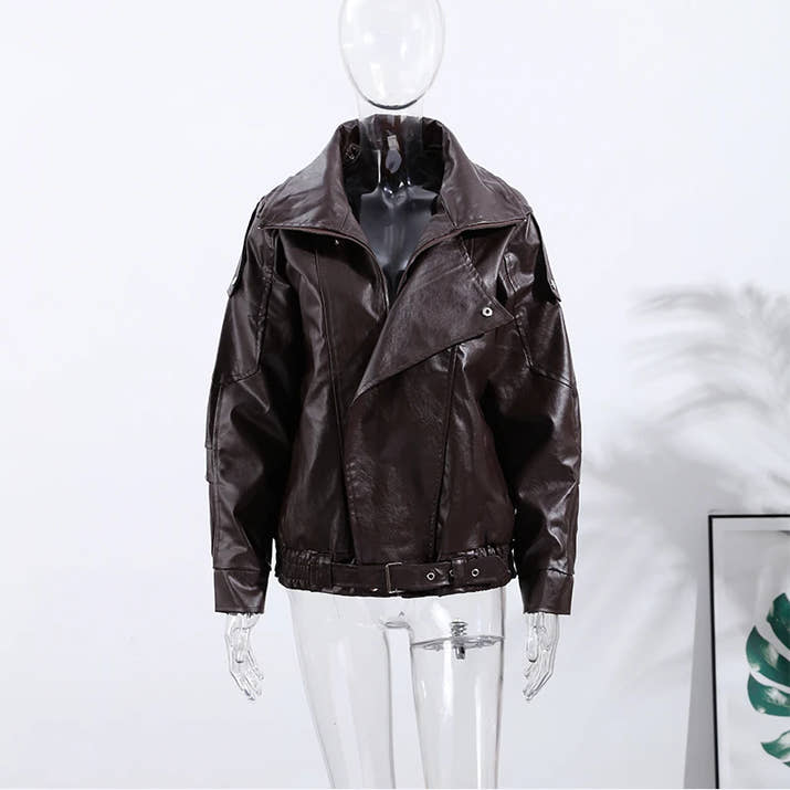 Vintage PU Leather Bomber Jackets 2025 Autumn New Ladies Zipper Lapel Long Sleeve Pocket Coat With Belt Women's Loose Streetwear