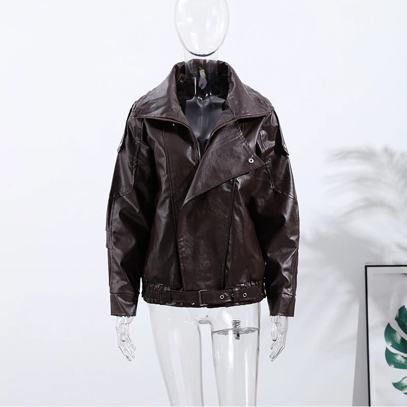 Vintage PU Leather Bomber Jackets 2025 Autumn New Ladies Zipper Lapel Long Sleeve Pocket Coat With Belt Women's Loose Streetwear