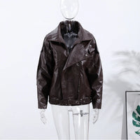 Vintage PU Leather Bomber Jackets 2025 Autumn New Ladies Zipper Lapel Long Sleeve Pocket Coat With Belt Women's Loose Streetwear