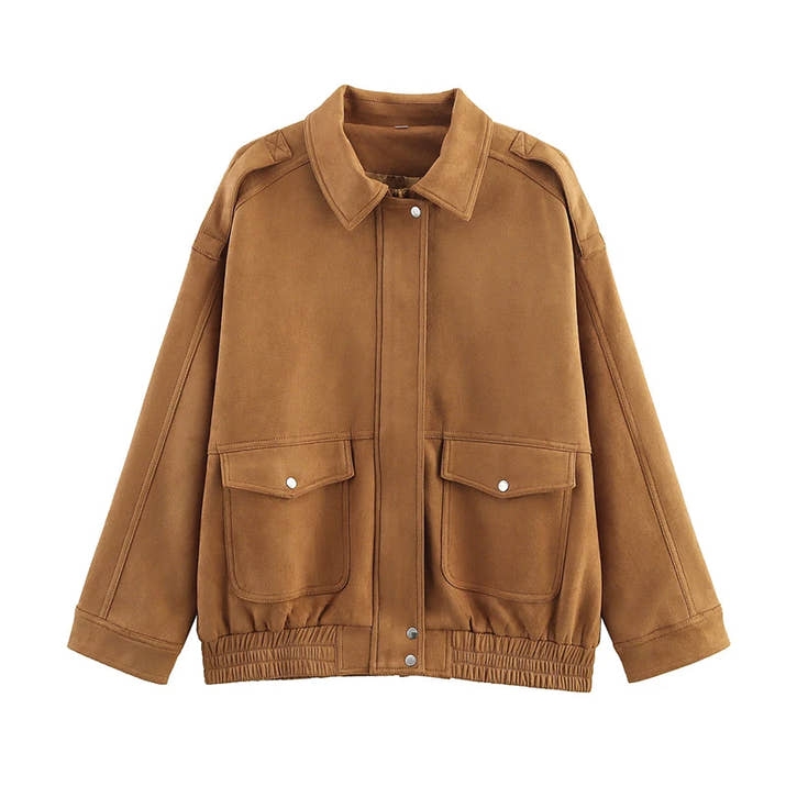 Street Fashion Women's Suede Jacket Loose Khaki Lapel Zipper Long Sleeve Bomber Coat 2025 Autumn Winter New Lady Outwears
