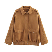 Street Fashion Women's Suede Jacket Loose Khaki Lapel Zipper Long Sleeve Bomber Coat 2025 Autumn Winter New Lady Outwears
