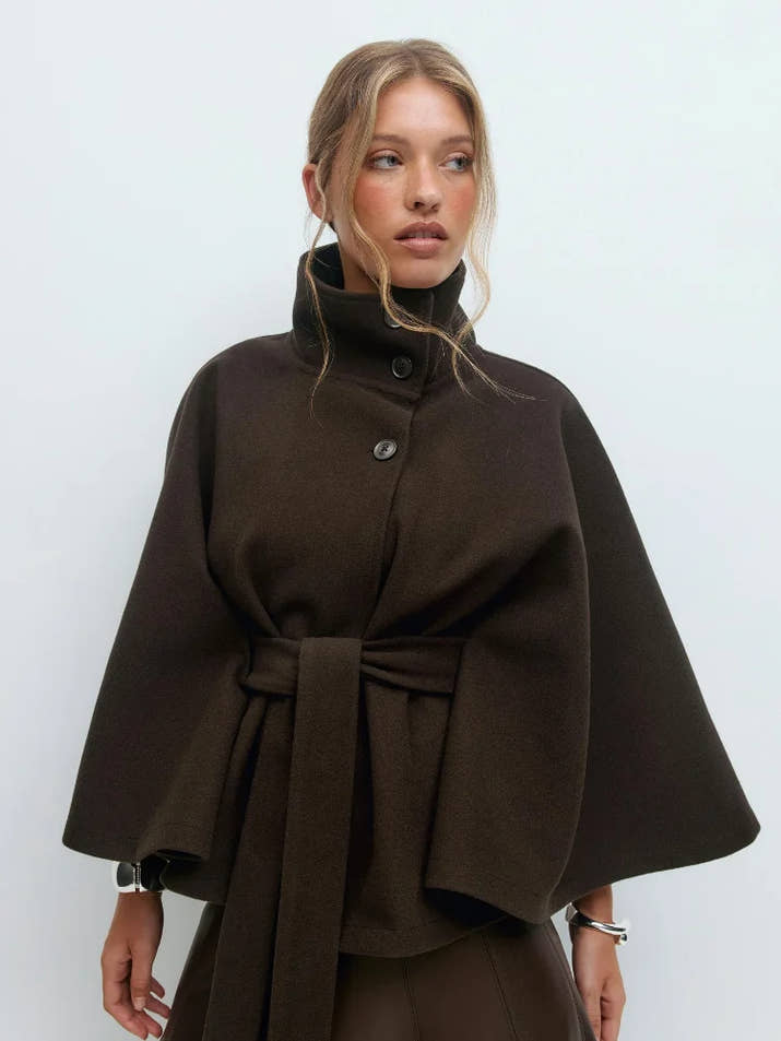 Fashion Solid Stand Collar Short Jacket Women Elegant Flared Sleeve  Buttoned Lace Up Coats 2025 Autumn Lady Office Street Wear