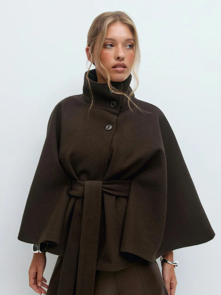 Fashion Solid Stand Collar Short Jacket Women Elegant Flared Sleeve  Buttoned Lace Up Coats 2025 Autumn Lady Office Street Wear