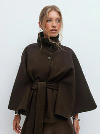 Fashion Solid Stand Collar Short Jacket Women Elegant Flared Sleeve  Buttoned Lace Up Coats 2025 Autumn Lady Office Street Wear