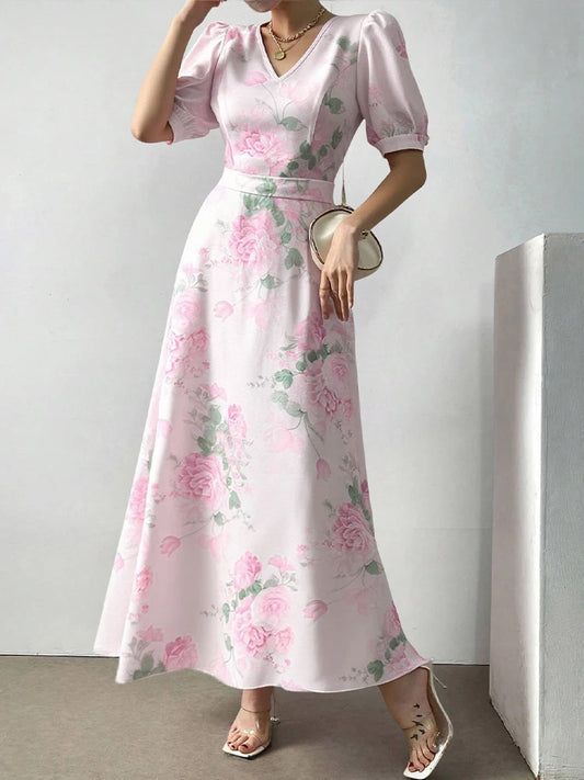 Rafiah Women's Summer Pink Floral Print V-Neck Short Sleeve Maxi Dress 2025 Puffed Sleeves Ruffled Hem Casual Elegant Wear