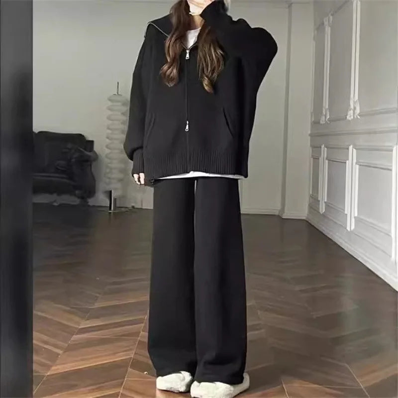 Spring Autumn Fashion Casual Loose Two Piece Set Knitted Zipper Long Sleeve Warm Cardigan Coat+Wide Leg Pants Suit Women Outfit