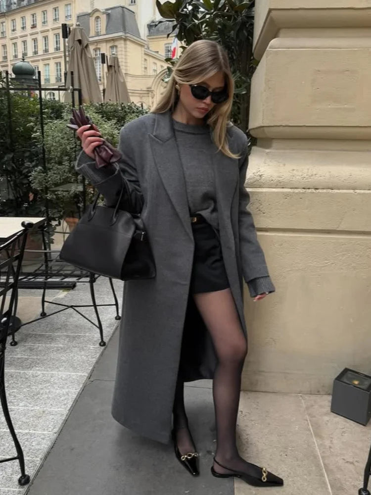 Office Women's Woolen Long Coat Turn-down Collar Long Sleeve Single Button Mid-length Outerwear 2025 Autumn New Lady Overcoats