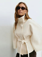Fashion Solid Stand Collar Short Jacket Women Elegant Flared Sleeve  Buttoned Lace Up Coats 2025 Autumn Lady Office Street Wear