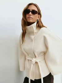 Fashion Solid Stand Collar Short Jacket Women Elegant Flared Sleeve  Buttoned Lace Up Coats 2025 Autumn Lady Office Street Wear