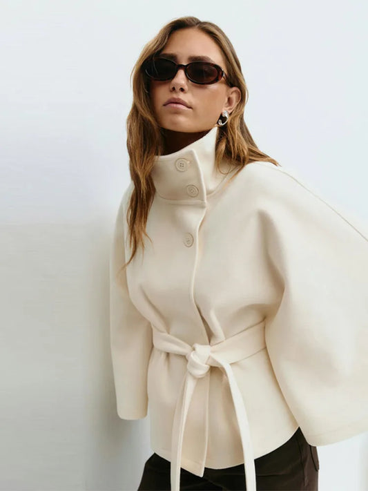 Fashion Solid Stand Collar Short Jacket Women Elegant Flared Sleeve  Buttoned Lace Up Coats 2025 Autumn Lady Office Street Wear