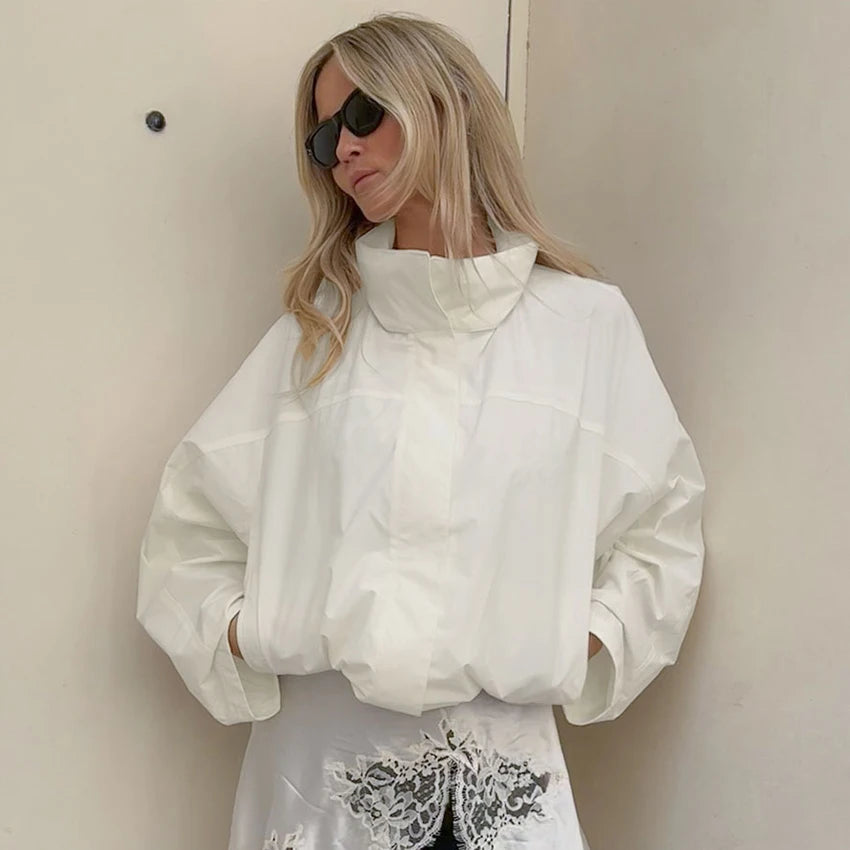 Linad Street Chic White Turtleneck Zipper Jackets Autumn Elegant Long Sleeve Coats For Woman Casual Outerwear Tops Female 2025