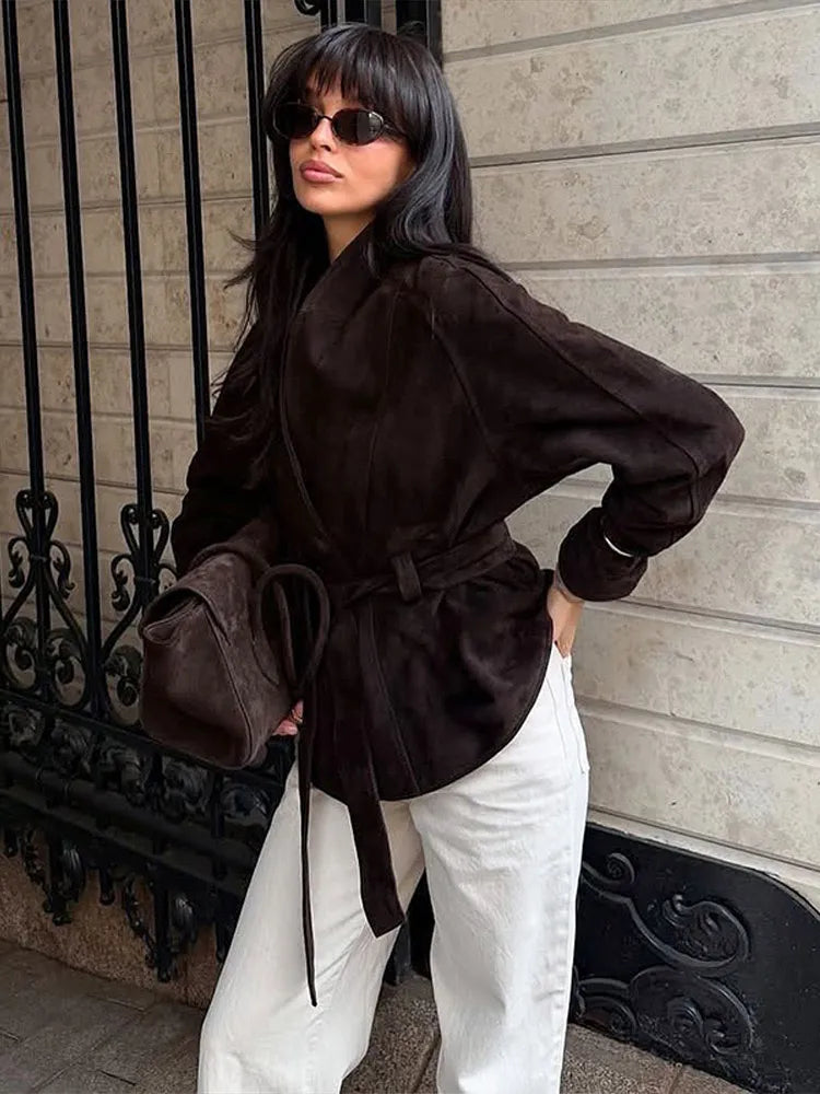 Stand Collar Suede Sashes Jackets Women Vintage Long Sleeves Button Lace Up Slim Coats New Fashion Early Autumn Ladies Outerwear