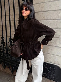 Stand Collar Suede Sashes Jackets Women Vintage Long Sleeves Button Lace Up Slim Coats New Fashion Early Autumn Ladies Outerwear