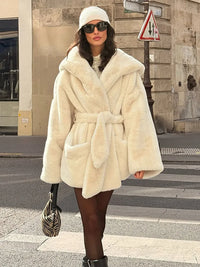 Hooded Lace Up Faux Fur Coats Women Luxury Long Sleeve Slim Solid Autumn Winter Coat New Bomber Jacket Fashion Ladies Outerwears