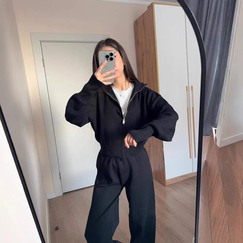 Two Piece Set Women Knitted Tracksuits Elegant Zipper Long Sleeve Sweater+High Waist Cotton Pants 2025 Fall Winter Clothes