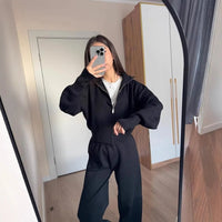 Two Piece Set Women Knitted Tracksuits Elegant Zipper Long Sleeve Sweater+High Waist Cotton Pants 2025 Fall Winter Clothes