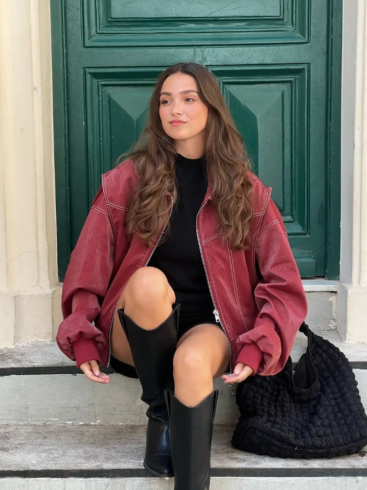 Fashion Short Red Leather Jacket Women Elegant Lapel Long Sleeve Zipper Loose Bomber Jackets Autumn Lady Street Outerwear