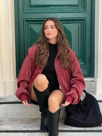 Fashion Short Red Leather Jacket Women Elegant Lapel Long Sleeve Zipper Loose Bomber Jackets Autumn Lady Street Outerwear