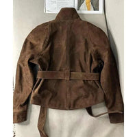 Women's Clothing Coffee Brown Suede Velvet Fitted Waist Short Jacket Korean Style Light Mature Style Windproof Trench Coat