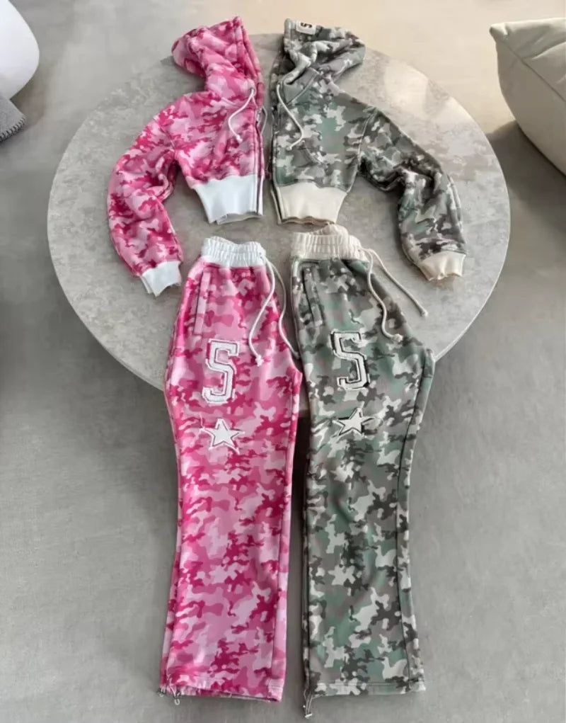 Camouflage joggers Short Set Waist Hugged Slim Hoodie women jacket Y2K Sportswear Two Piece sets Womens Hip Hop Sports Pants