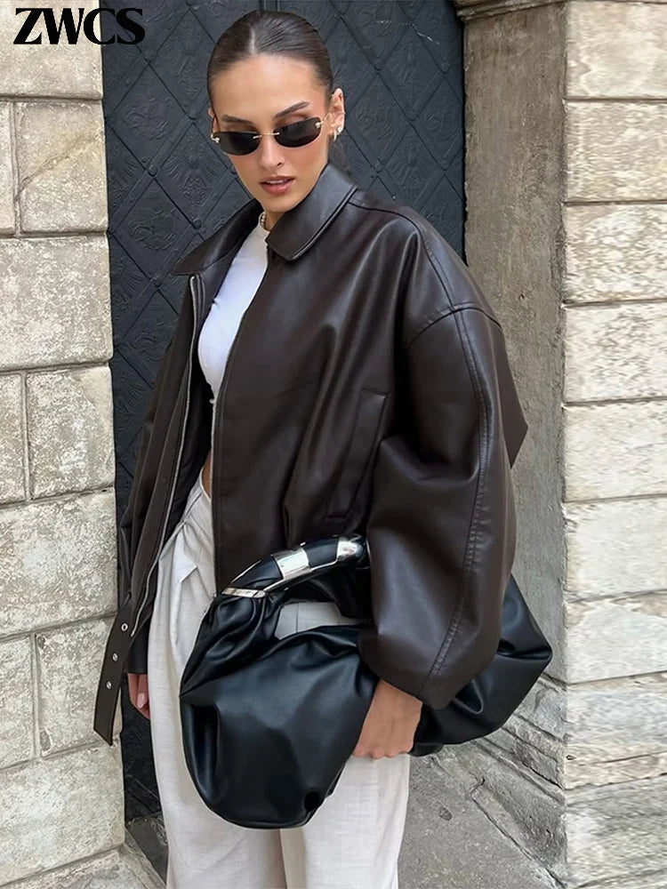 Vintage PU Leather Bomber Jackets 2025 Autumn New Ladies Zipper Lapel Long Sleeve Pocket Coat With Belt Women's Loose Streetwear