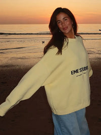 Yellow Knitted Letter Sweater Women Elegant Round Neck Long Sleeve Short Pullover Casual Lady New Street Autumn Holiday Sweaters