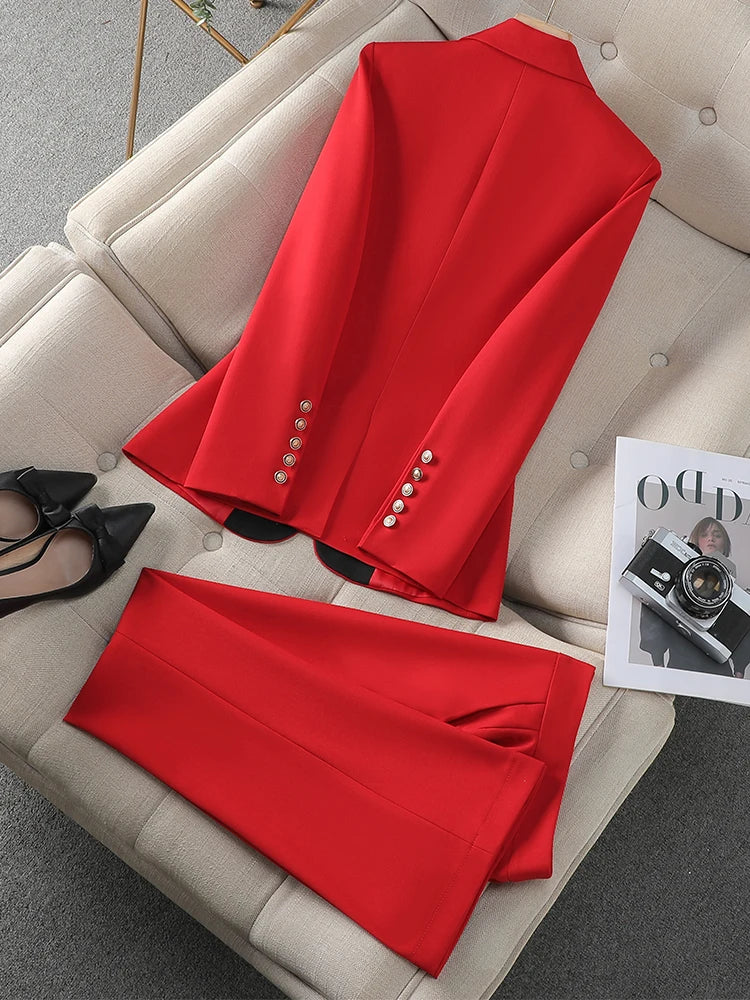 Fashion Red Black Beige Women Pant Suit 2 Piece Set Office Ladies Female Business Work Wear Formal Blazer Jacket And Trouser