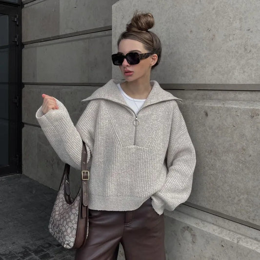 2025 Autumn/Winter Fashion Casual Solid Color Warm Fashion Knitted Women's Zipper Collar Sweater