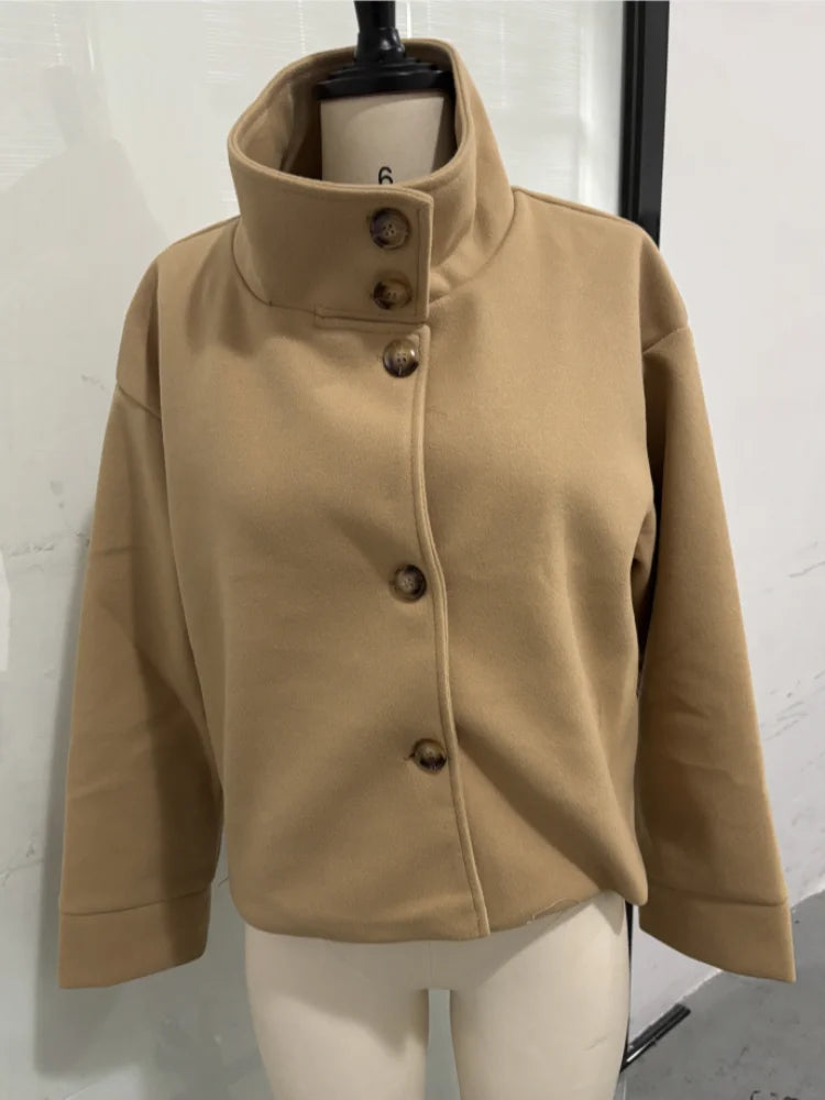 Stand Collar Single Breasted Woolen Overcoat Women Elegant Long Sleeve Solid Loose Fitting Coat New Autumn Winter Lady Outerwear