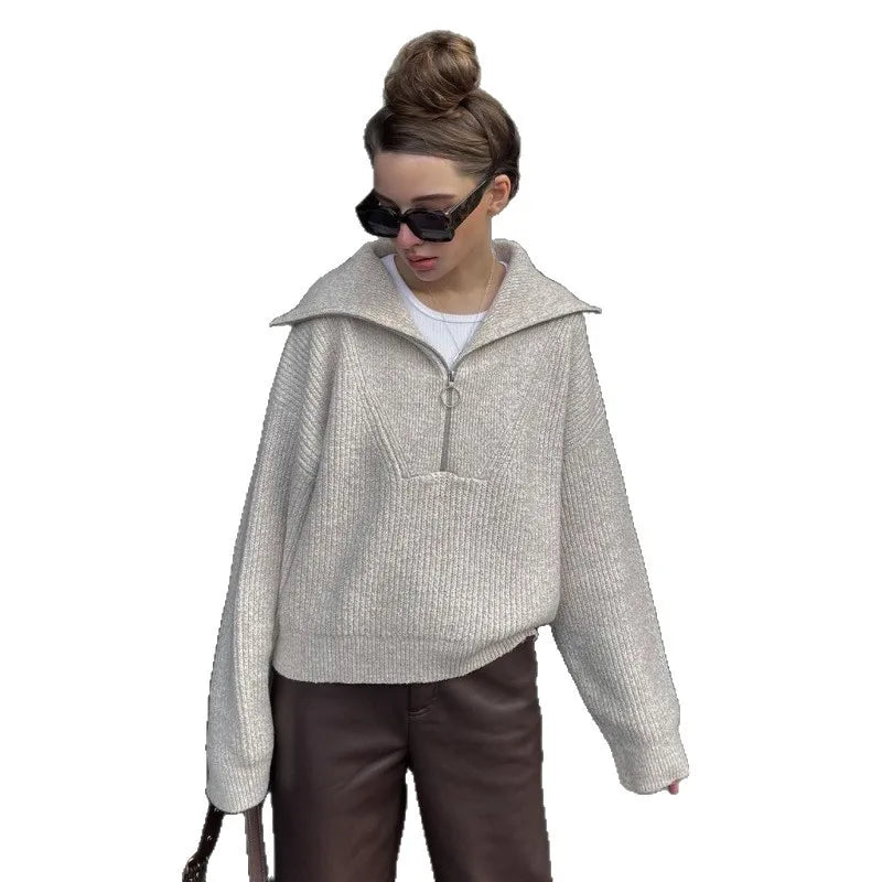 2025 Autumn/Winter Fashion Casual Solid Color Warm Fashion Knitted Women's Zipper Collar Sweater