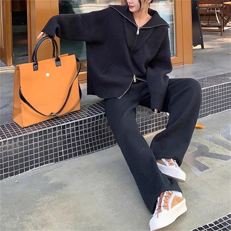 Spring Autumn Fashion Casual Loose Two Piece Set Knitted Zipper Long Sleeve Warm Cardigan Coat+Wide Leg Pants Suit Women Outfit