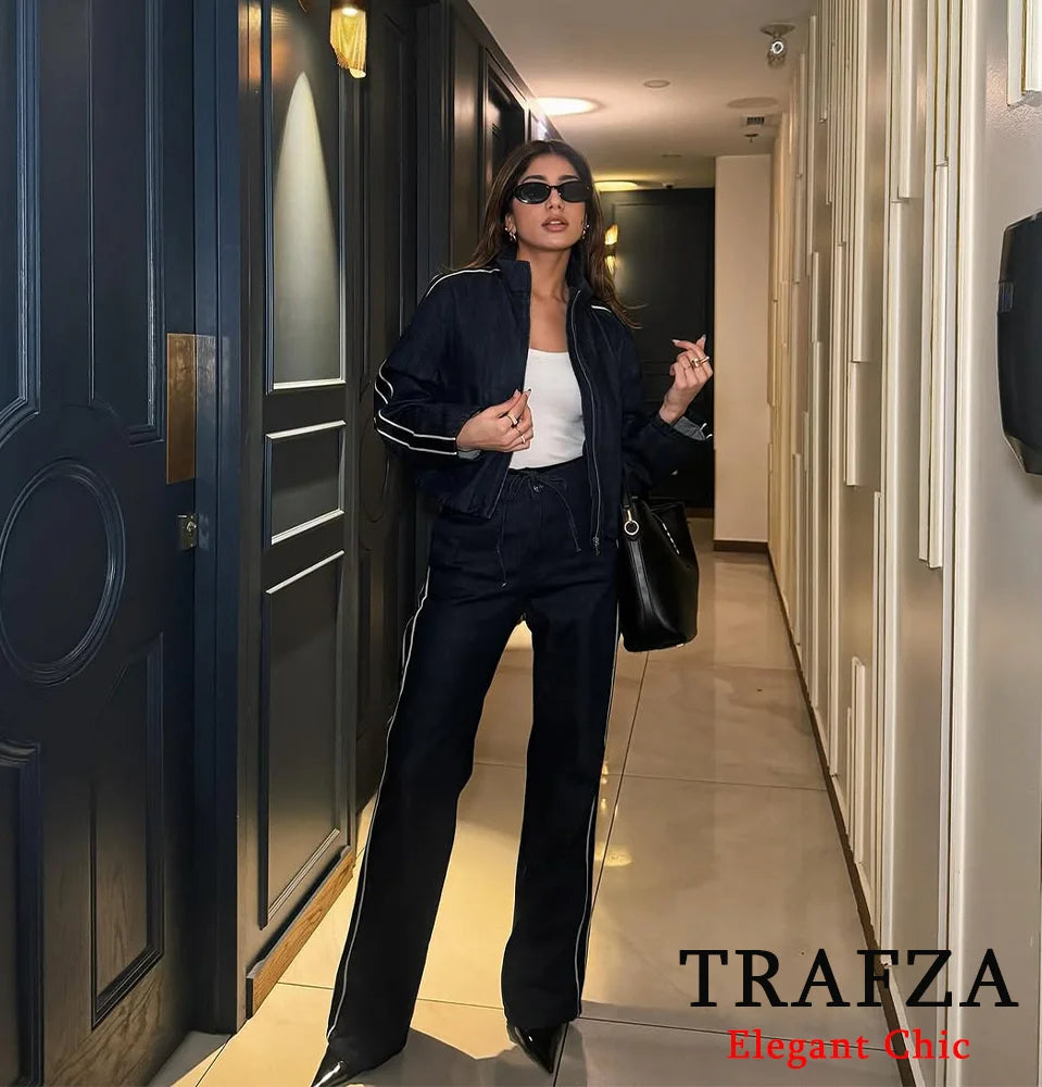 TRAFZA Women High Street Denim Set Side Stripe Stand Collar Zipper Jacket Lace-Up Pant 2025 Autumn Winter Casual Female Set