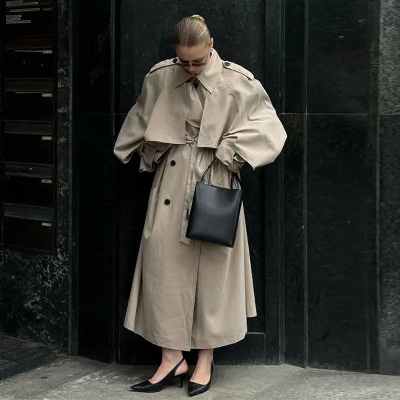 Elegant Lapel Long Windbreakers Women Patchwork Double Breasted Lace Up Oversize Trench Coat 2025 Autumn Street Lady Outerwears