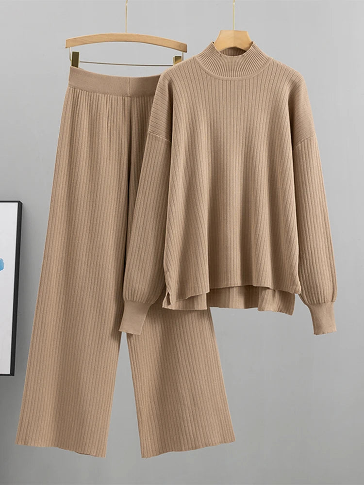 Casual 2 Pieces Set Women Loose Knitted Tracksuit Turtleneck Sweater + Wide Leg Pants Pullover Sweater Set CHIC Knitted Outwear