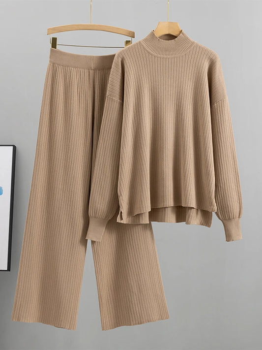 Casual 2 Pieces Set Women Loose Knitted Tracksuit Turtleneck Sweater + Wide Leg Pants Pullover Sweater Set CHIC Knitted Outwear