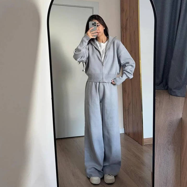 Two Piece Set Women Knitted Tracksuits Elegant Zipper Long Sleeve Sweater+High Waist Cotton Pants 2025 Fall Winter Clothes