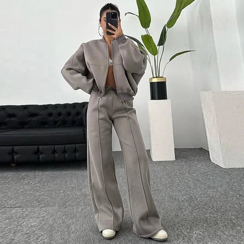 Tracksuit Suits Women's Sportswear 2-piece Retro Zipper Bomber Jacket Sweatshirt High-waisted Women's Loose Velvet Pants Suit