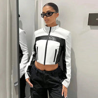 Women's Black White PU Paneled Cropped Jackets Punk Grunge Zipper Slim Y2K Clothes 2025 Fall Moto Biker Casual Y2K Coat