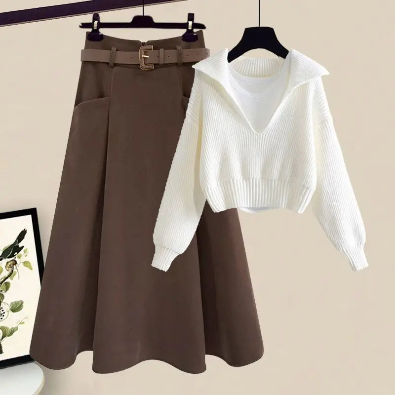 Oversized Women's Autumn Set New Fashion Slim and Versatile Strap Sweater Half Skirt Three Piece Set Fashion